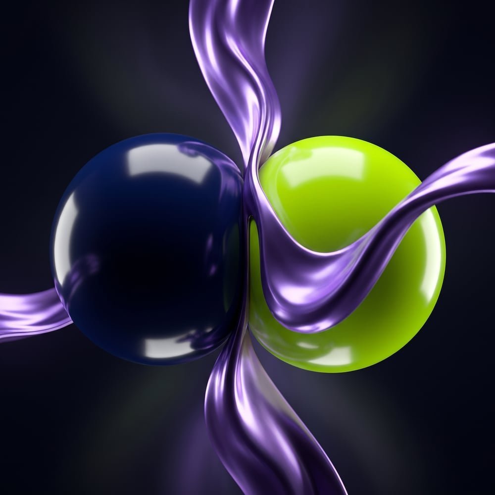 Bold abstract 3D artwork in navy, purple and electric lime, the usealverion brand motif