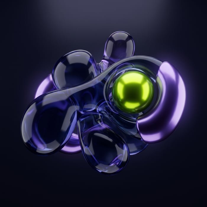 Abstract 3D render of navy, purple and lime glass forms, the usealverion brand motif
