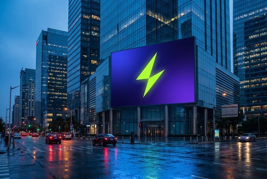 Outdoor digital advertising billboard mockup glowing navy, purple and lime on a city street at dusk
