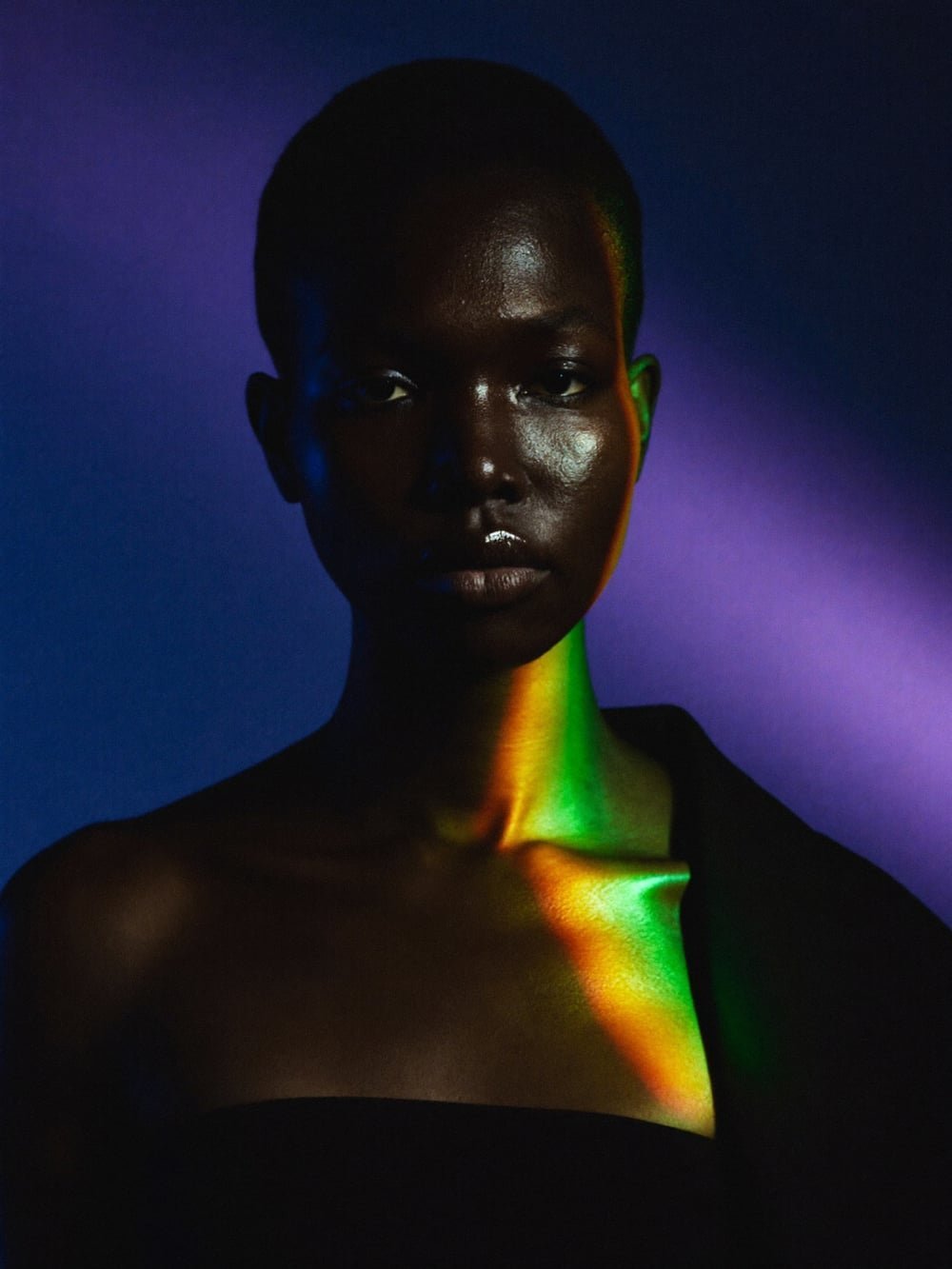 Editorial portrait imagery in navy, purple and lime studio lighting